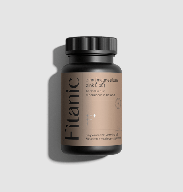 Supplement bottle labeled Fitani ZMA with magnesium, zinc, vitamin B6, 30 tablets, on light background.