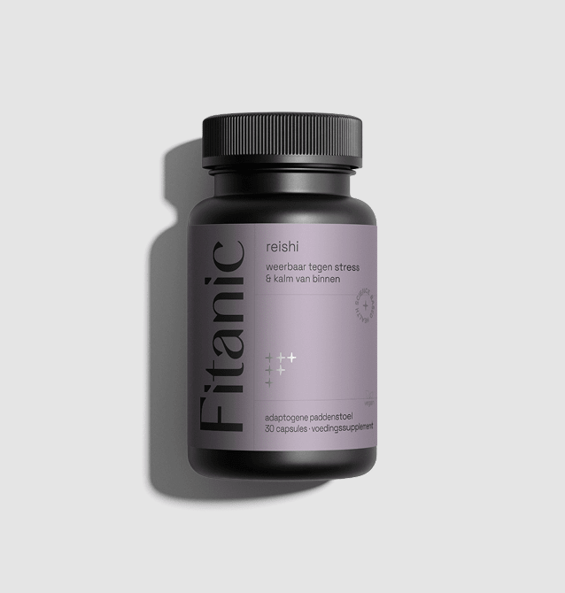 Fitanic Reishi supplement bottle with purple label, adaptogenic mushroom capsules